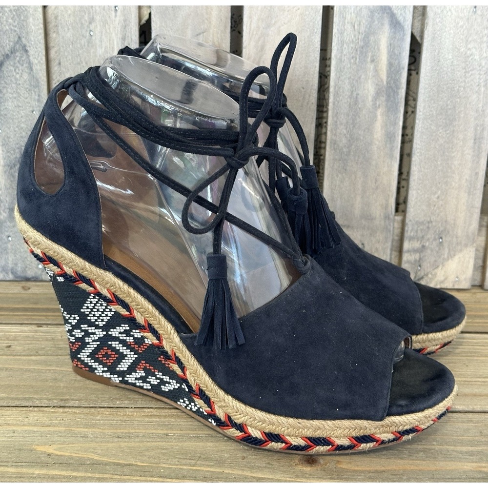 Cabi Espadrille Wedge Suede Heels Tassled BOHO Navy 7.5 M